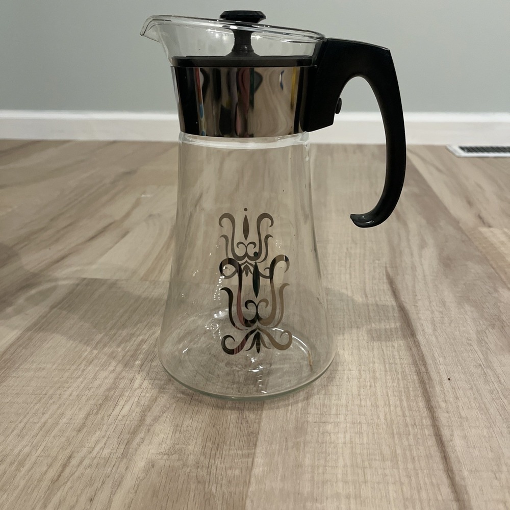 Vintage Pyrex Mid-Century Glass Coffee Decanter 8 Cup Pot‎ Silver Atomic Design